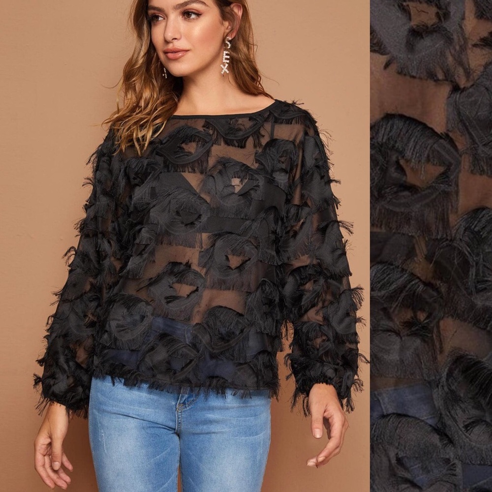 🏆HP🆕🌹 black mesh 3D gorgeous long sleeve top - Picture 2 of 7